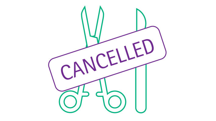 An icon of surgical instruments, overlaid with a cancellation symbol