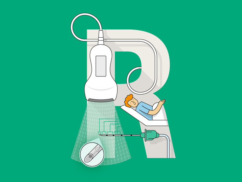 A letter R formed by various medical devices