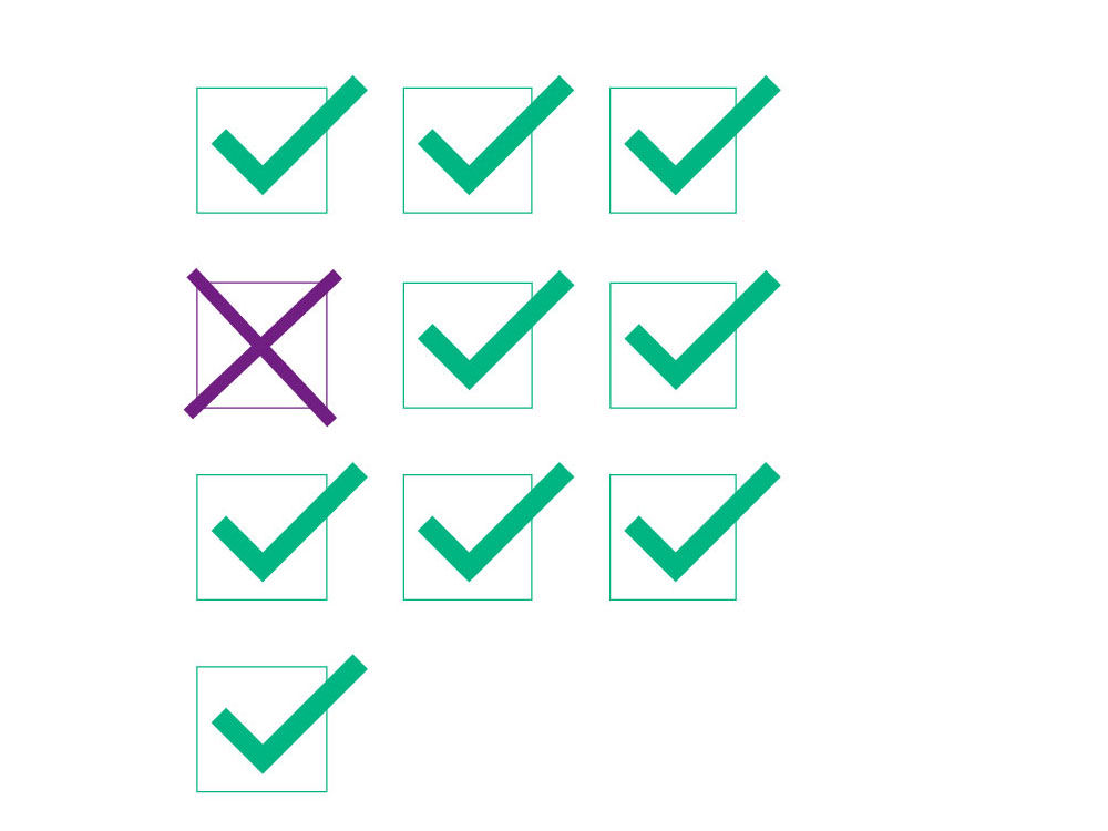 One lilac cross among nine green checkmarks