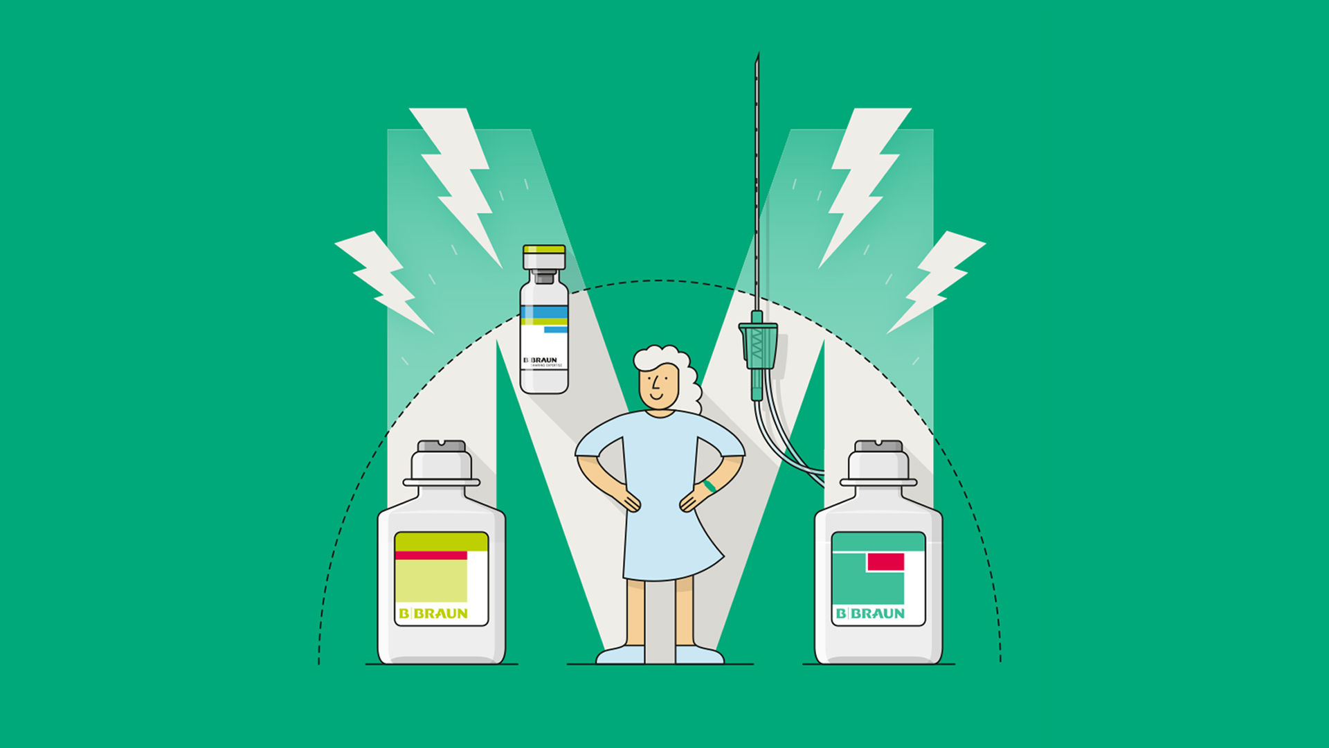 A letter M formed by various medical devices
