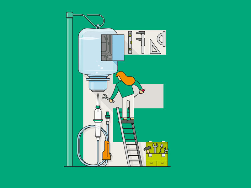 A letter E formed by various medical devices