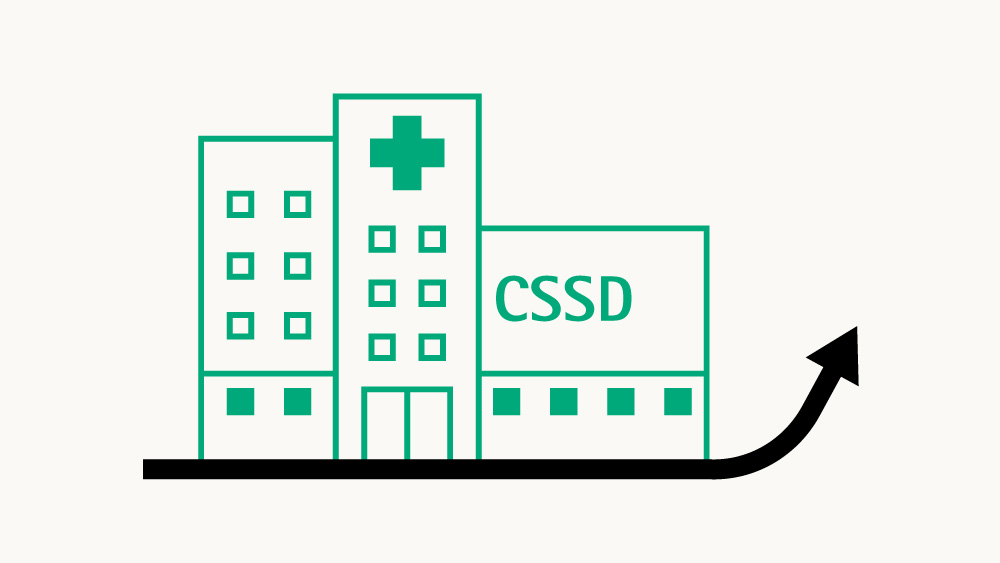 Icon with a cssd building and an arrow pointing upwards below the building