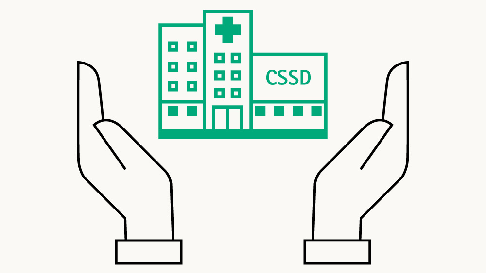 Icon with one with a cssd building and two hands holding it by the side