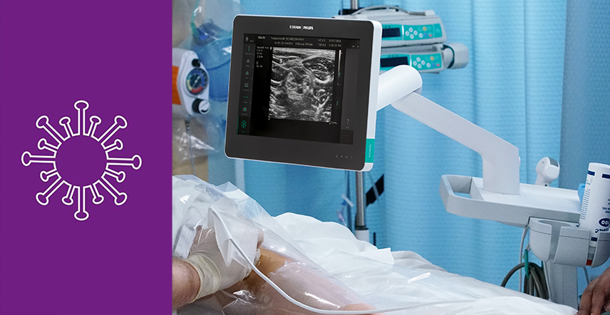 A hand of a healthcare professional performing ultrasonography, with a virus sign on the left side